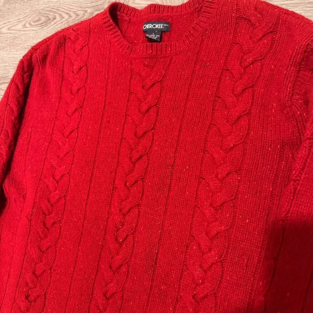 Cherokee Red Speckled Chunky Cable Knit Sweater Men Large Lambswool Fisherman